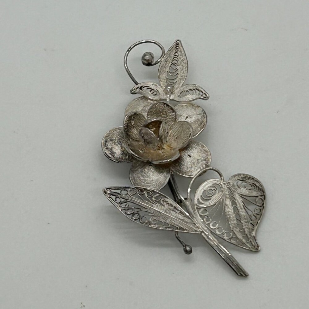 Antique Spun Silver Filigree  925 Floral Brooch Pin C Clasp Heart Flower READ
